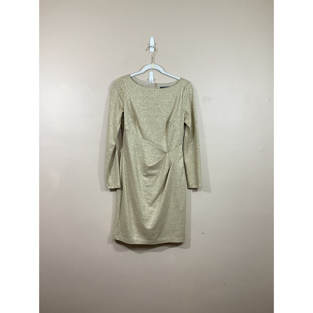 Lauren Ralph Lauren Womens Gold Sparkly Midi Dress 4 Party Cocktail Glam Holiday